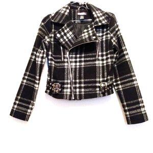 Say What? Black White Plaid Wool Blend Zip Pockets Lined Short Jacket sz S